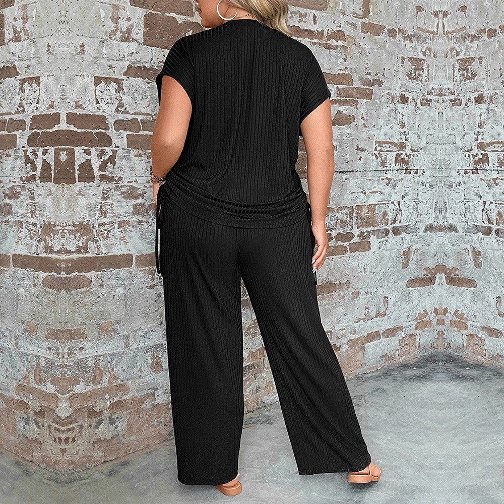 New Plus Size Womens Round Neck Loose Casual Short Sleeved T-shirt Elastic Wide Leg Pants Two-piece Set