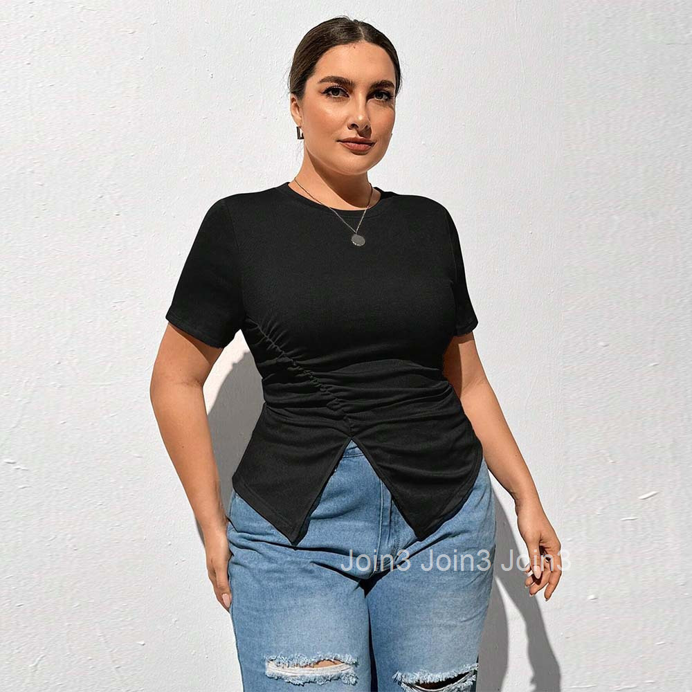 Plus Size Womens Instagram Minimalist T-shirt Summer New Round Neck Solid Color Short Sleeved Split Top