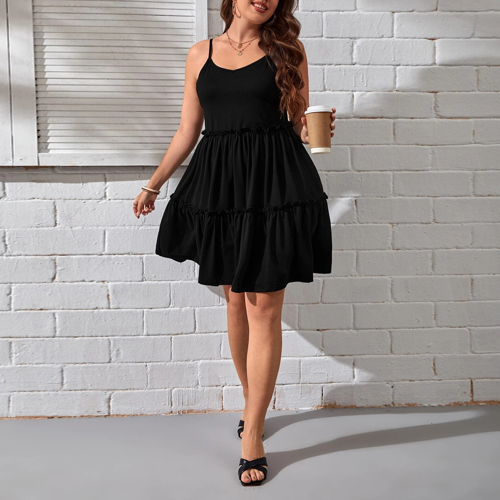 Large Size Womens New V-neck Waist Cinched Big Swing Cake Skirt Camisole Dress