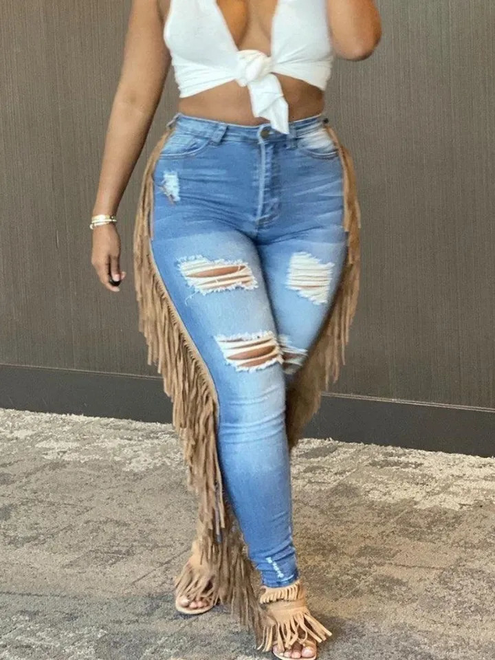 LW Plus Size summer jeans Tassel Ripped Jeans skinny Pants Ladies Jeans Y2K Summer High Street Cargo Pants 250515