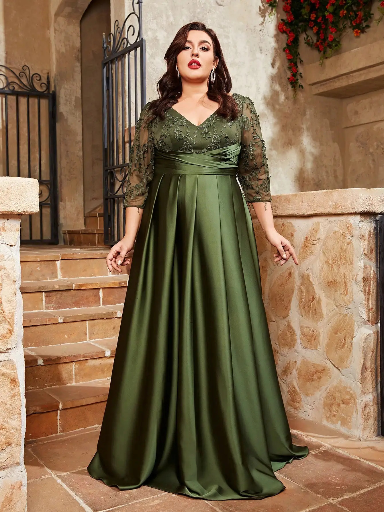 Mgiacy Plus Vneck Lace Embroidered Mosaic Satin Fabric Hand Folding Long Dress Evening Ball 250506