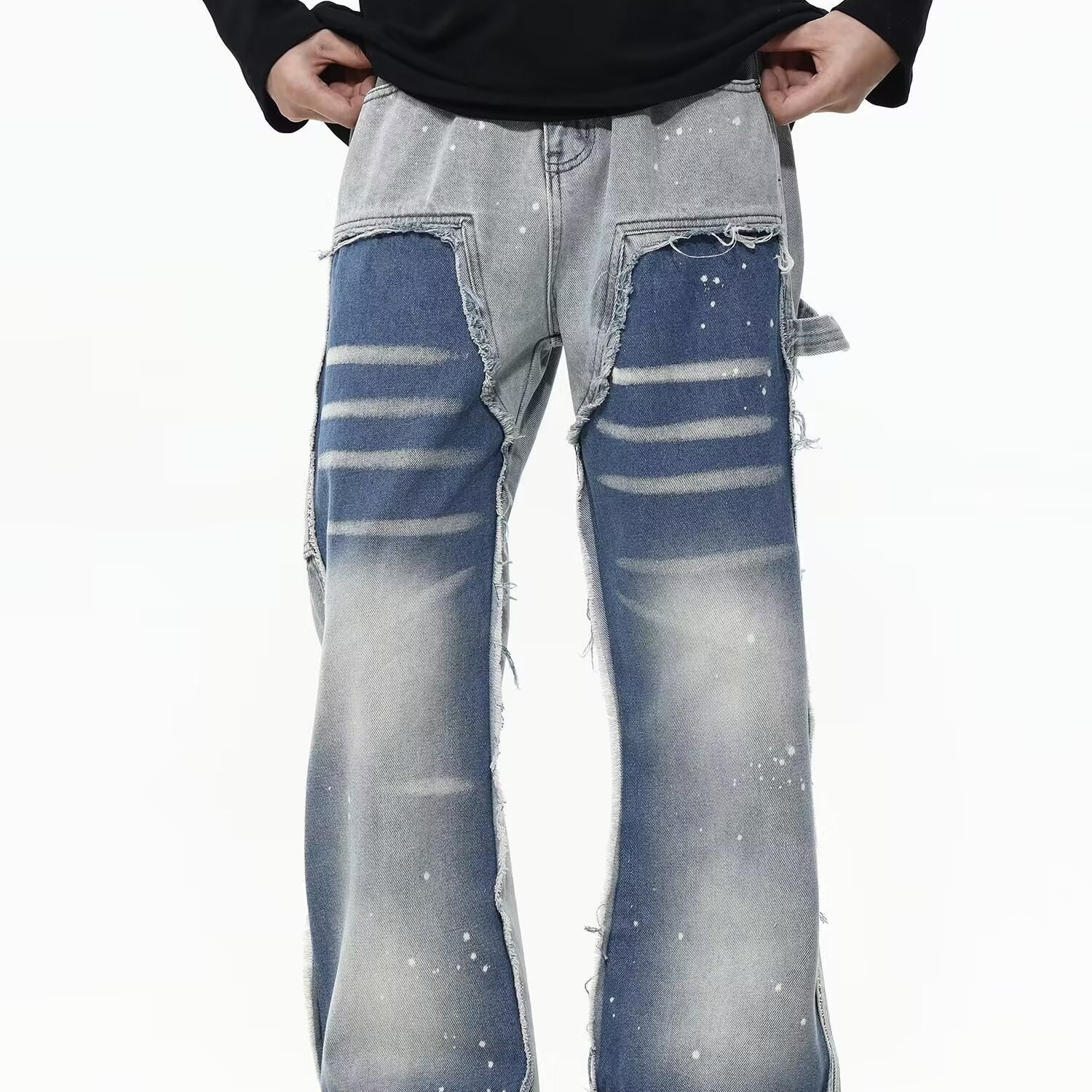 High street American retro washed patchwork splashed ink jeans men's loose straight hip hop long pants contrasting colors