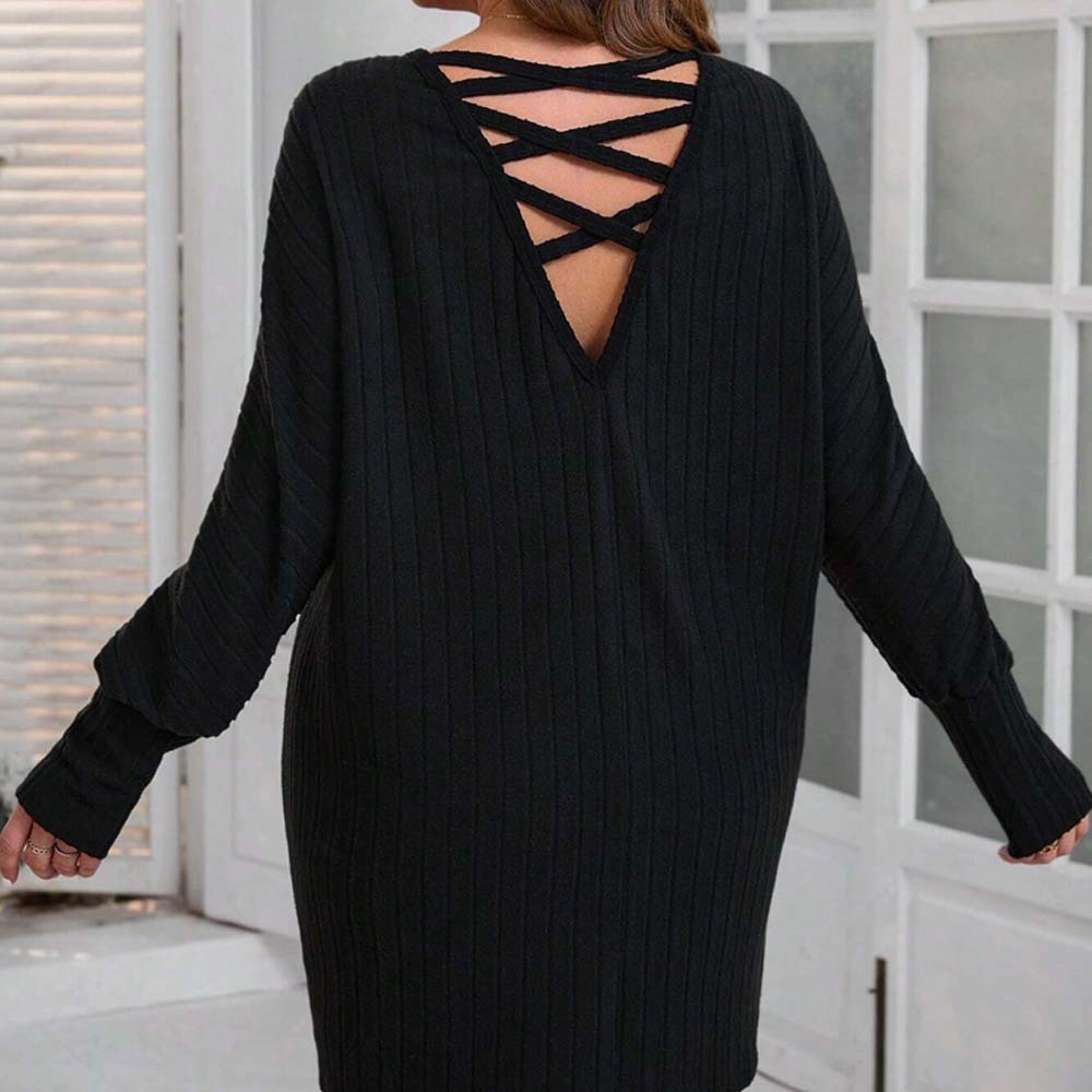 Plus Size Simple Style Loose Dress Autumn and Winter Round Neck Backless Design Sense One Step Short Skirt