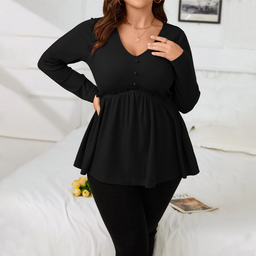 Plus Size Womens V-neck Long Sleeved T-shirt Autumn and Winter Elegant Style Fashionable Versatile Slim Fit Top for Women