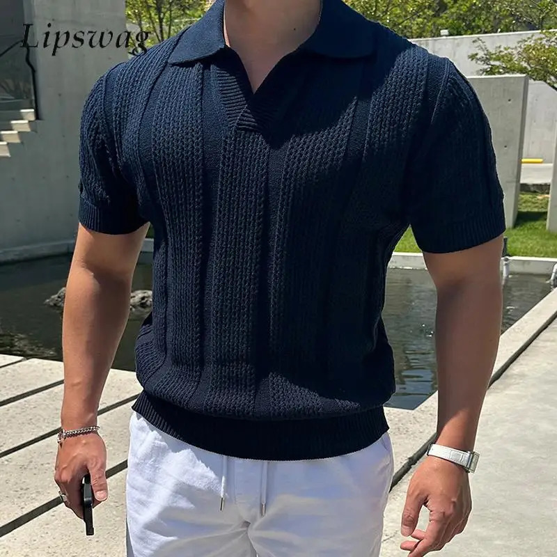 Fashion Mesh Knitted Polo Shirts Men Trendy Slim Fit Short Sleeve Breathable Knit T Shirt Mens Spring Summer Streetwear Polo Tee 250515