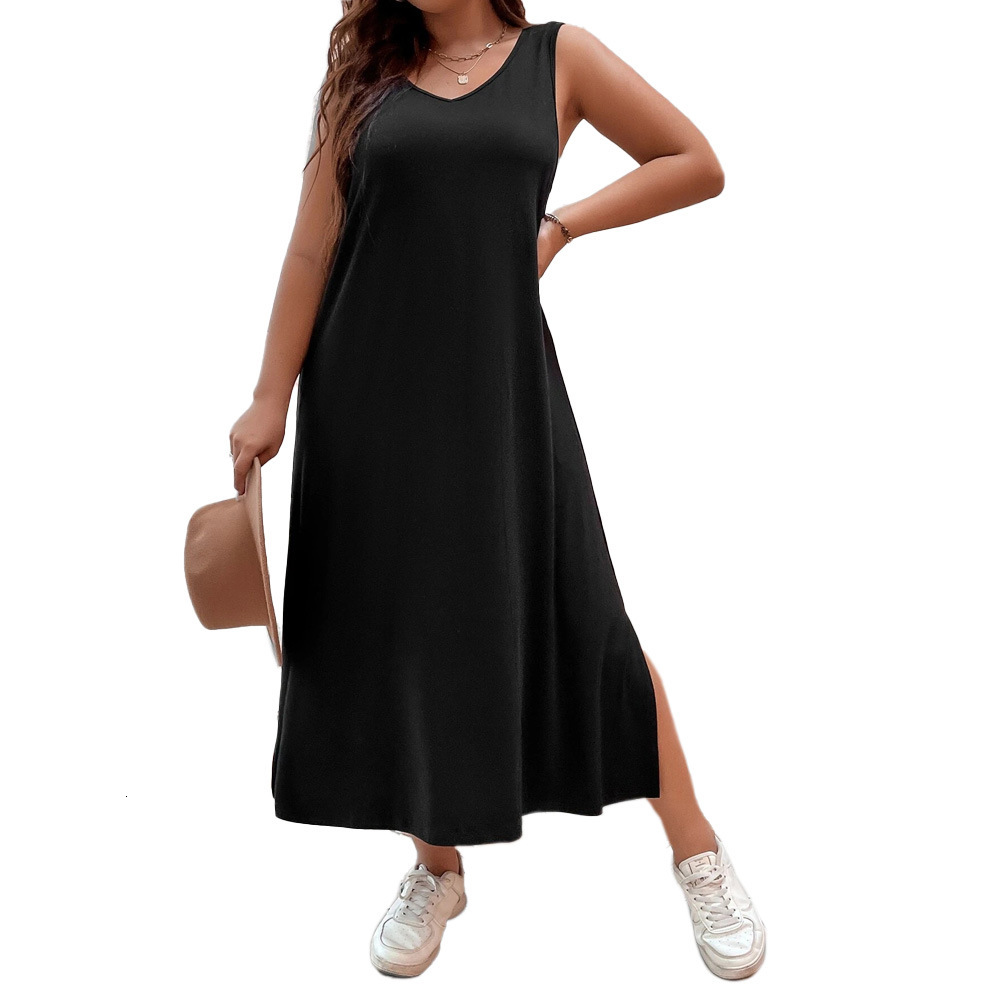 Large Size Womens New Loose H-shaped Casual Solid Color Sleeveless Vest V-neck Dress