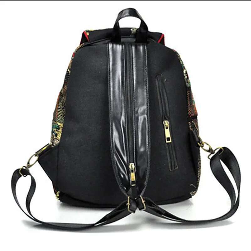 Veowalk Pea Sequins Embroidered Women's Canvas Backpacks, Ladies Floral Rucksacks Woman Small School Back Bag Bagpack