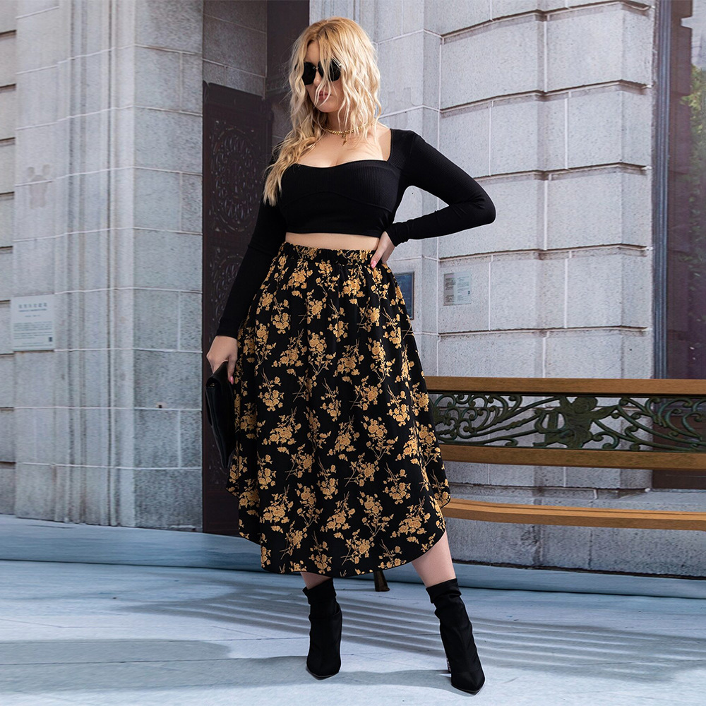 Large Size Womens Versatile Commuting Style Half Skirt with Autumn and Winter High Waist and Drooping Feeling Floral A-line Skirt