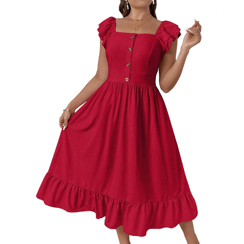 Large Size Womens French Square Neck Small Fly Sleeve Dress Summer New Style Vacation Red Dress for Women
