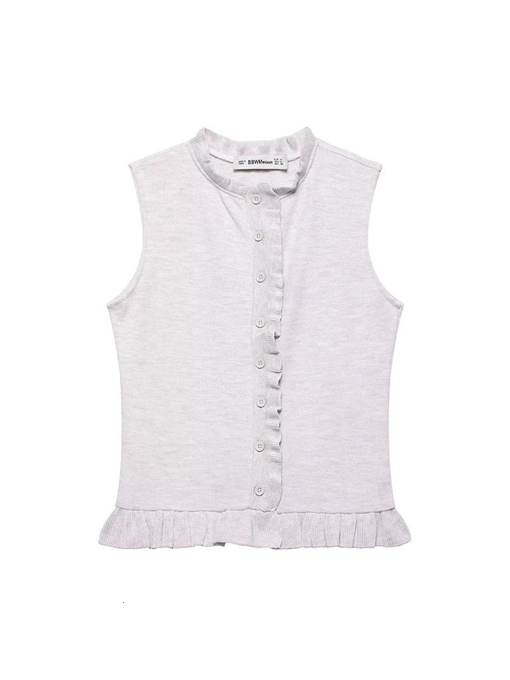 SIYANG Women Fashion Solid Ruffled Single Breasted Knitted Vest Tank Tops Vintage ONeck Sleeveless Female Chic Lady Top 250506