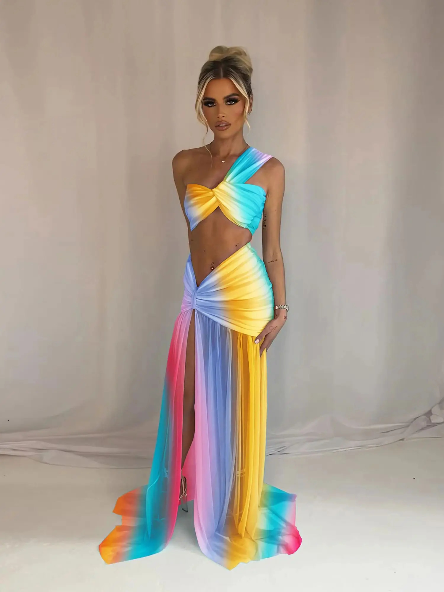 Women Two-piece Skirt Suit Bandage Top Skirt Sleeveless Sweet Waist Chic Slit Skirt Summer Mini Skirt 250515