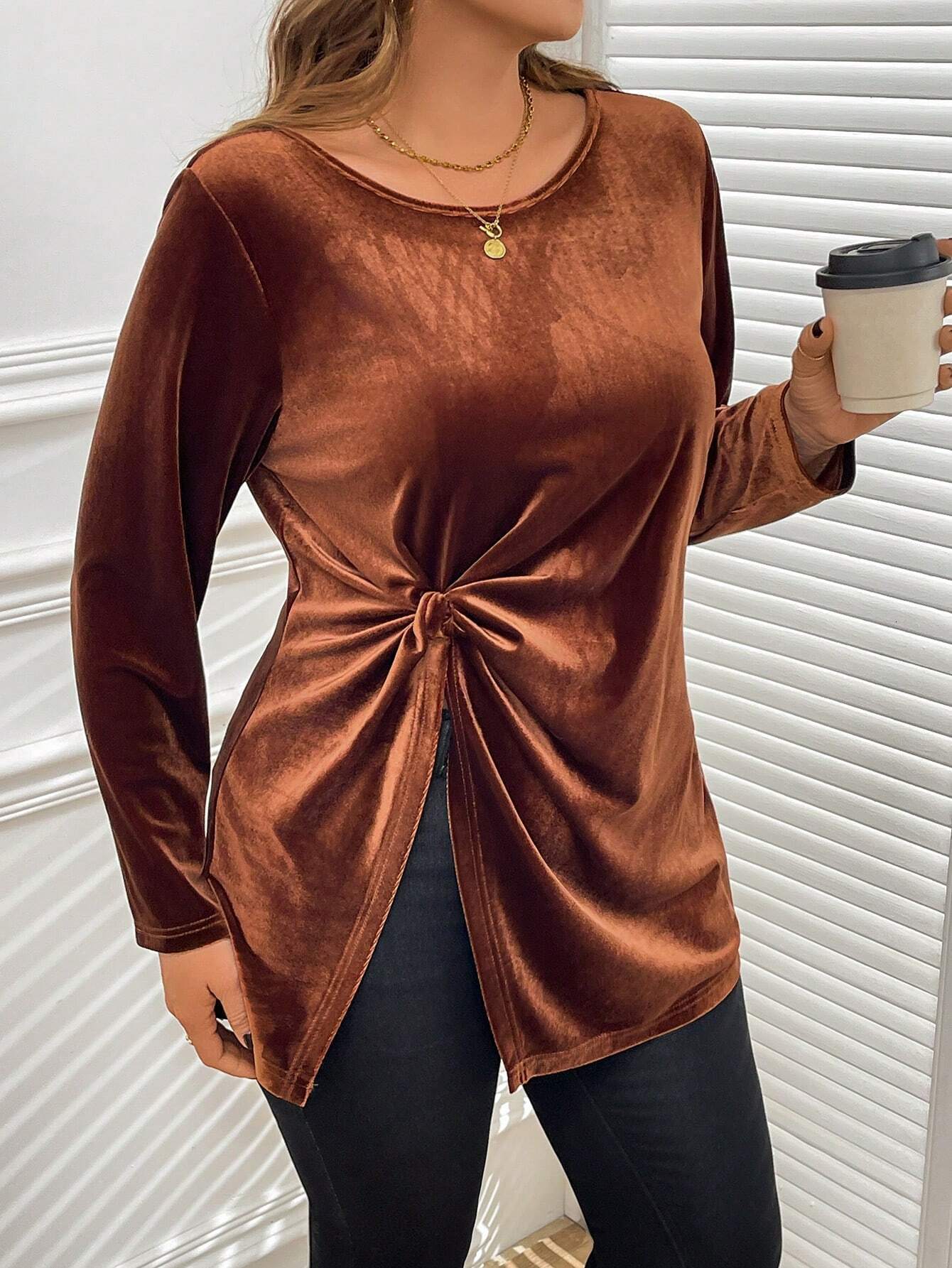 Large Size Womens Elegant Style T-shirt for Autumn and Winter Twisted and Slimming Korean Velvet Long Sleeved Top