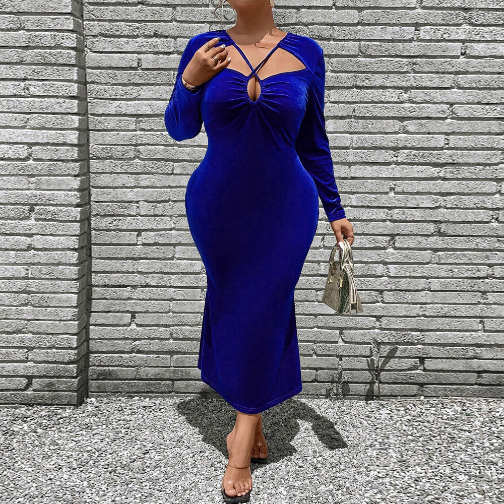 Plus Size Womens Clothing Socialite Style Korean Velvet Dress Autumn and Winter Blue Seductive Temperament Long Skirt
