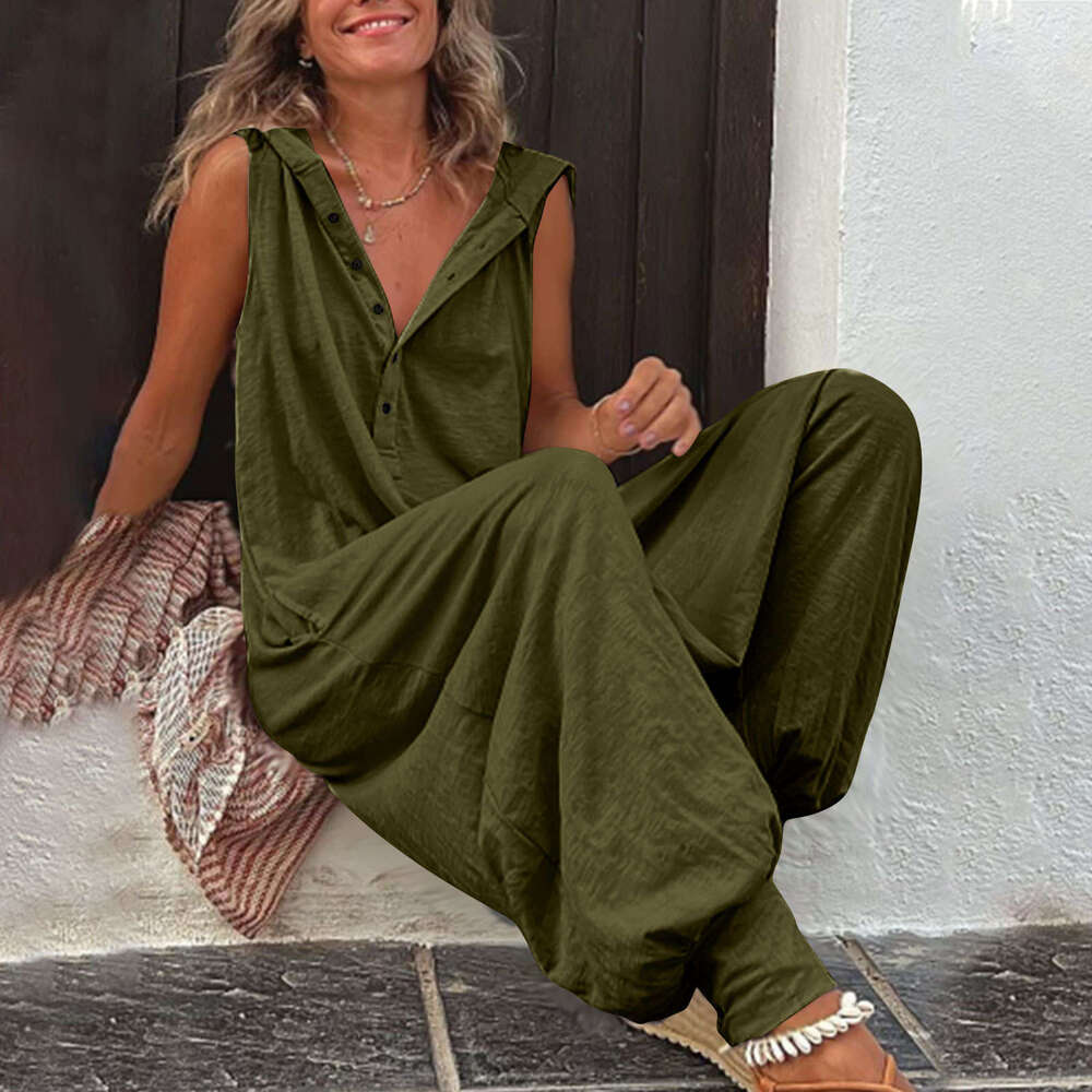 Wide Leg Jumpsuit Women S Buttoned Hooded Sleeveless Pants Jumpsuit