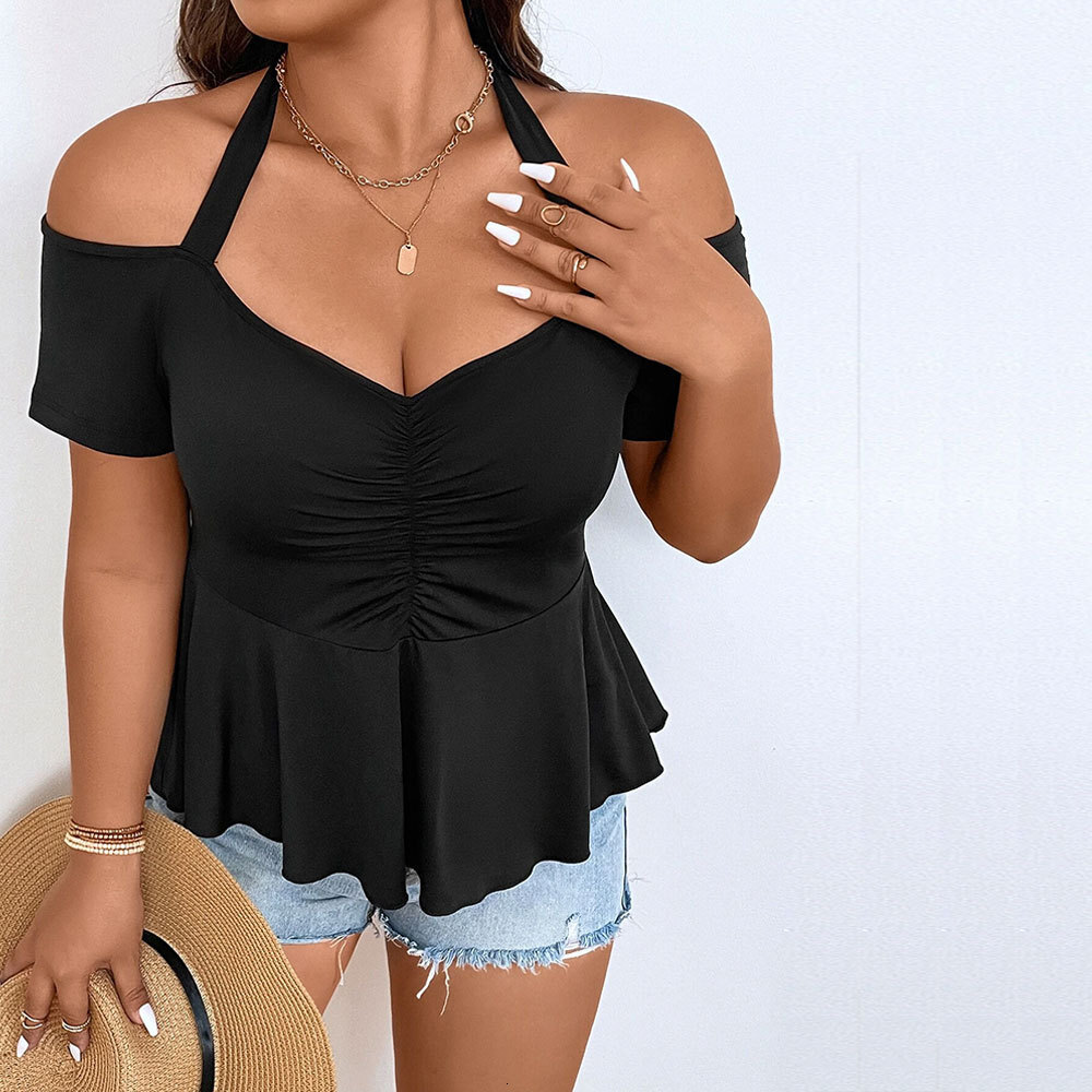 Plus Size Womens New Collection Waist Sexy Off Shoulder Hanging Neck T-shirt Solid Color Short Sleeved Versatile Top with Temperament
