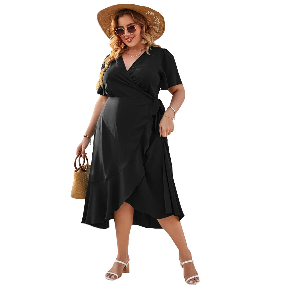 New Design with a Slim Fit Over the Knee Long Skirt Elegant Temperament Slit and Tie Short Sleeved Slim Fit Dress
