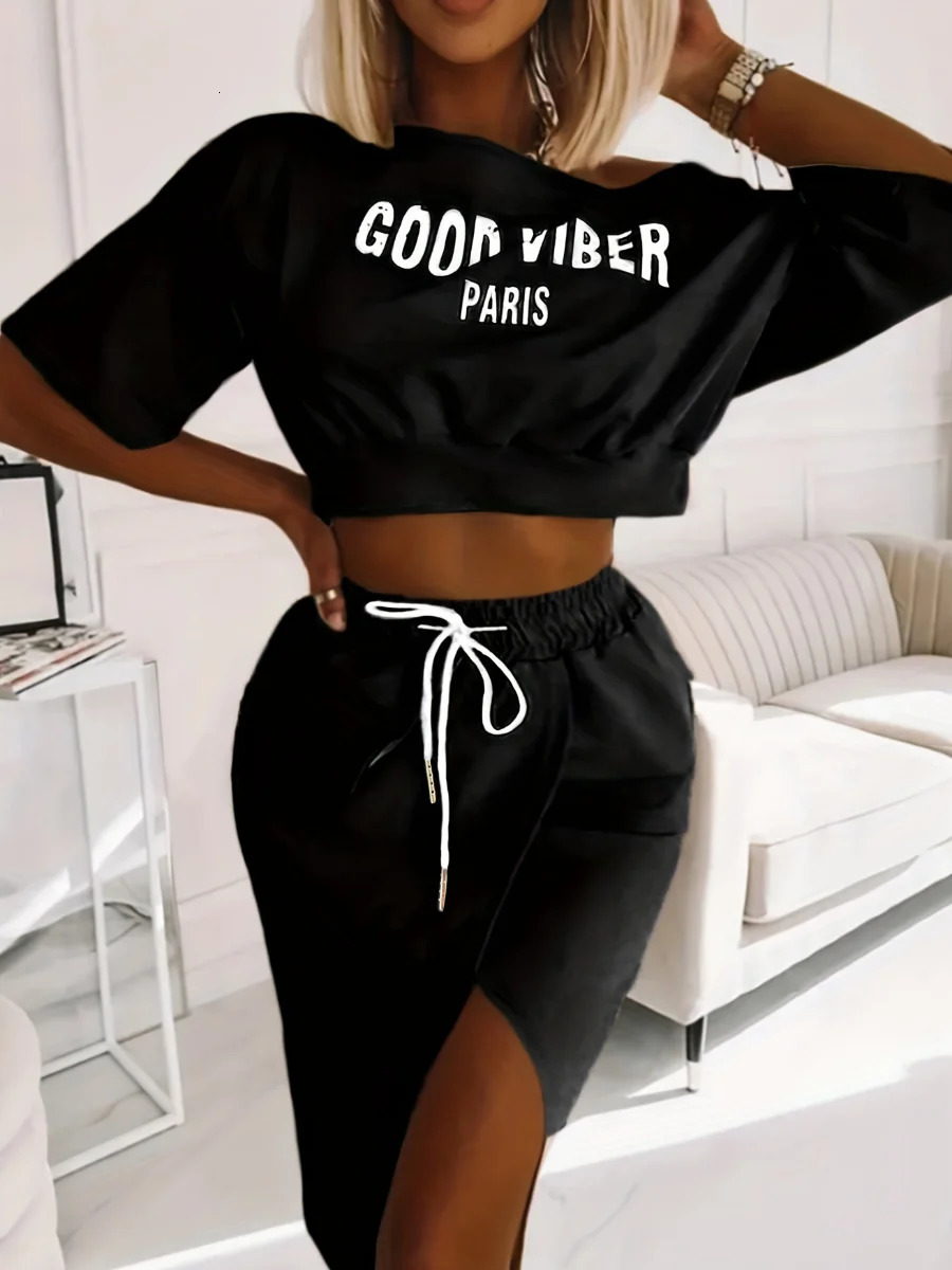 LW Plus Size Two Piece Good Viber One Shoulder Letter Print Set Crop TopHigh Split Skirt Elegant Matching Outfits For Women 250515