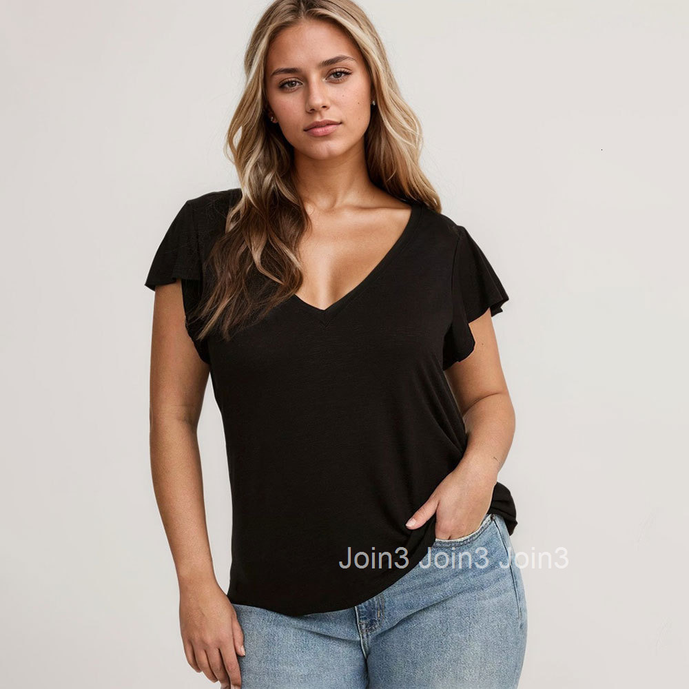 2025 New Plus Size Womens Top Hot Selling Spring and Summer V-neck Lotus Leaf Short Sleeved T-shirt