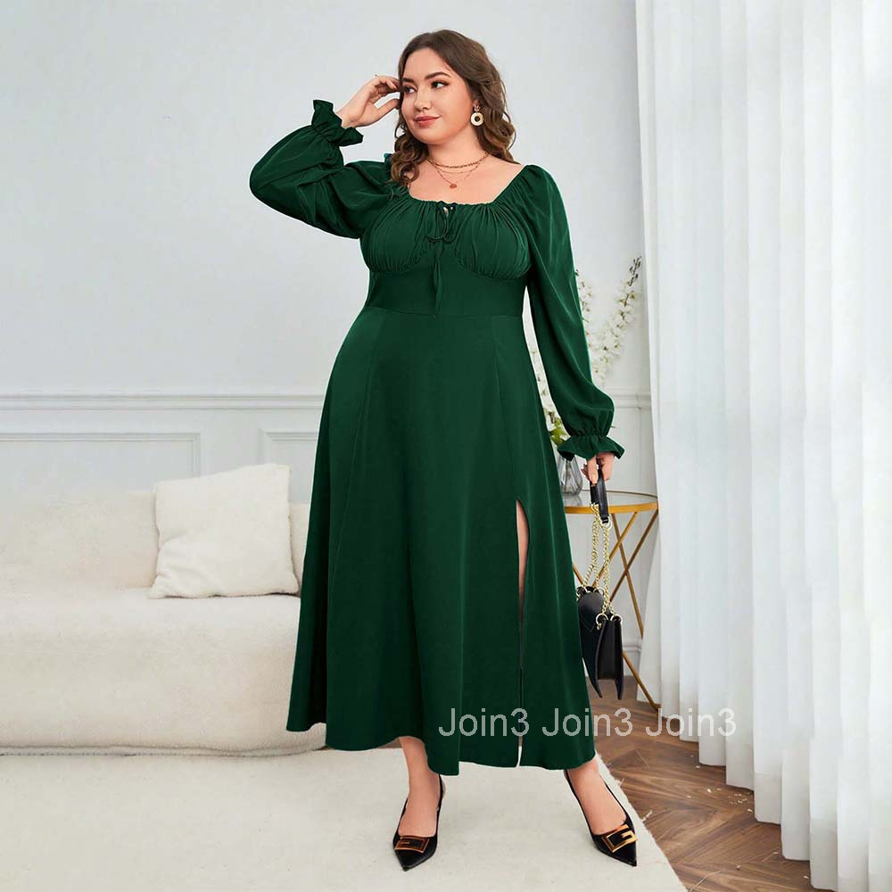 Large Size Womens French Elegant Style Dress for Autumn and Winter High Waisted Split Square Neck Mid Length Skirt
