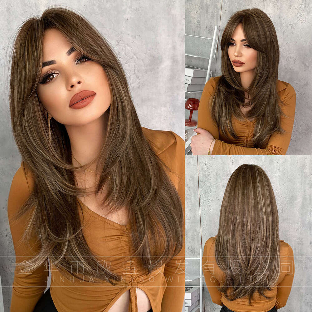 Women's Octagonal bangs wig, gradient long straight hair, full head set, high-quality natural layered wig