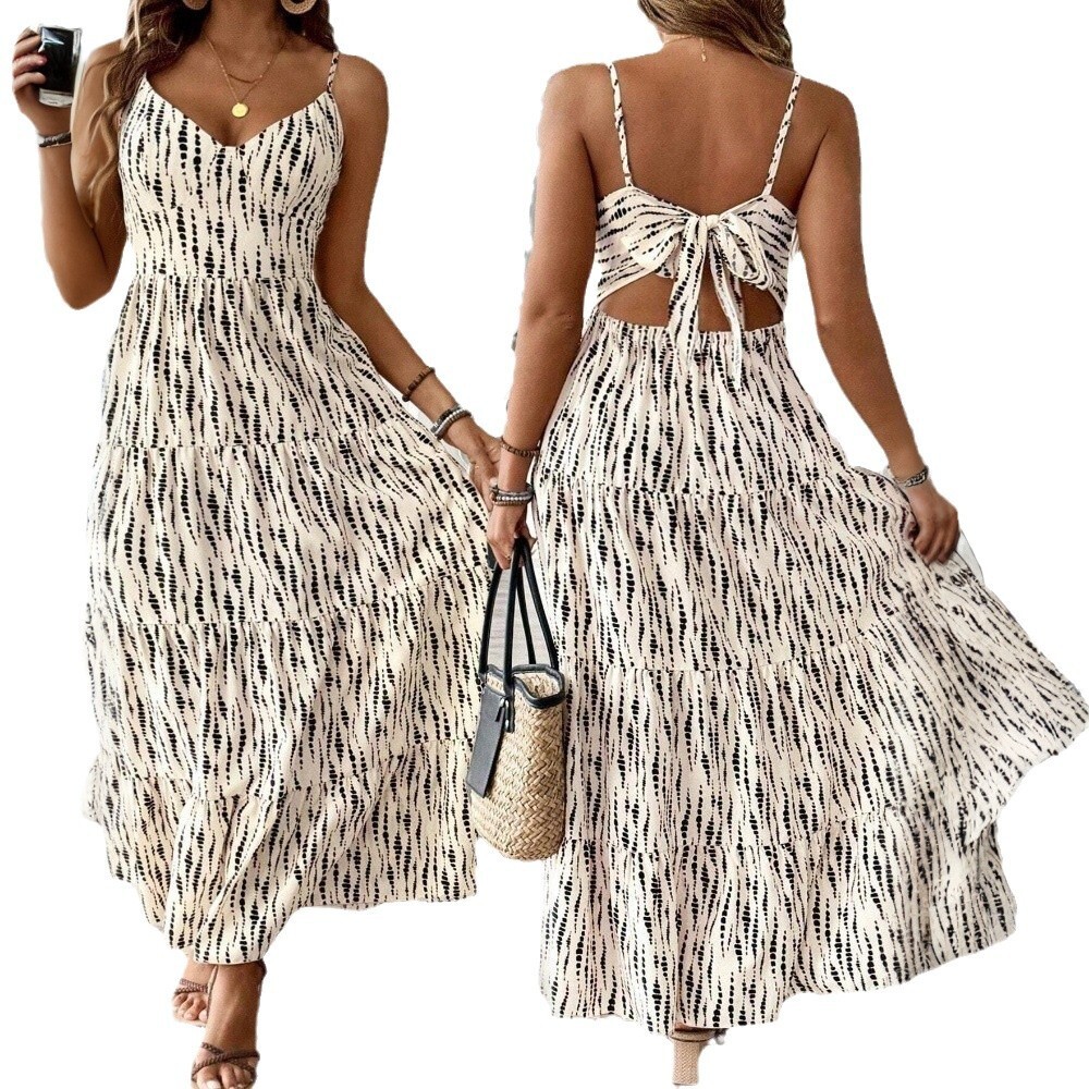 Large Size Womens Artistic Vacation Style Dress for Spring and Summer New Striped Suspender Beach Long Dress