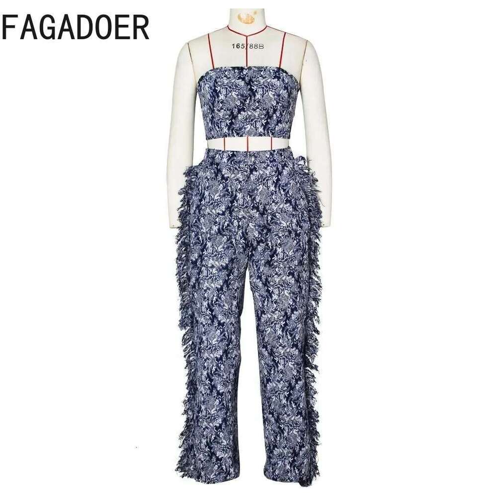 FAGADOER Vintage Printing Sexy Tassels Straight Pants Two Piece Sets For Women Lace Up Tube+Trousers Outfits Fashion Streetwear