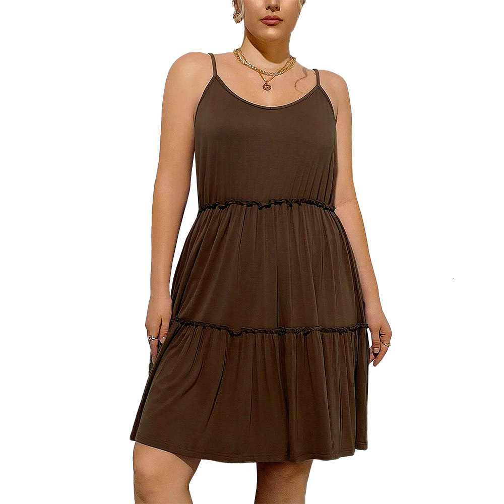 Large Size Womens Elegant Style U-neck Dress Summer New High Waisted Pullover Solid Color Mid Length Skirt
