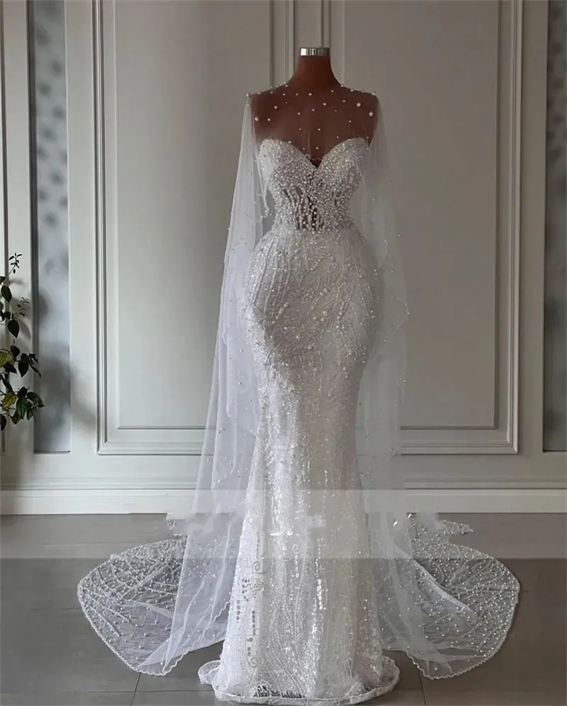 Luxurious Beadings Pearls Mermaid Wedding Dress With Cape Sexy Sweetheart Backless Long Crystals Bridal Gown Vestido De Noiva Customized B0312