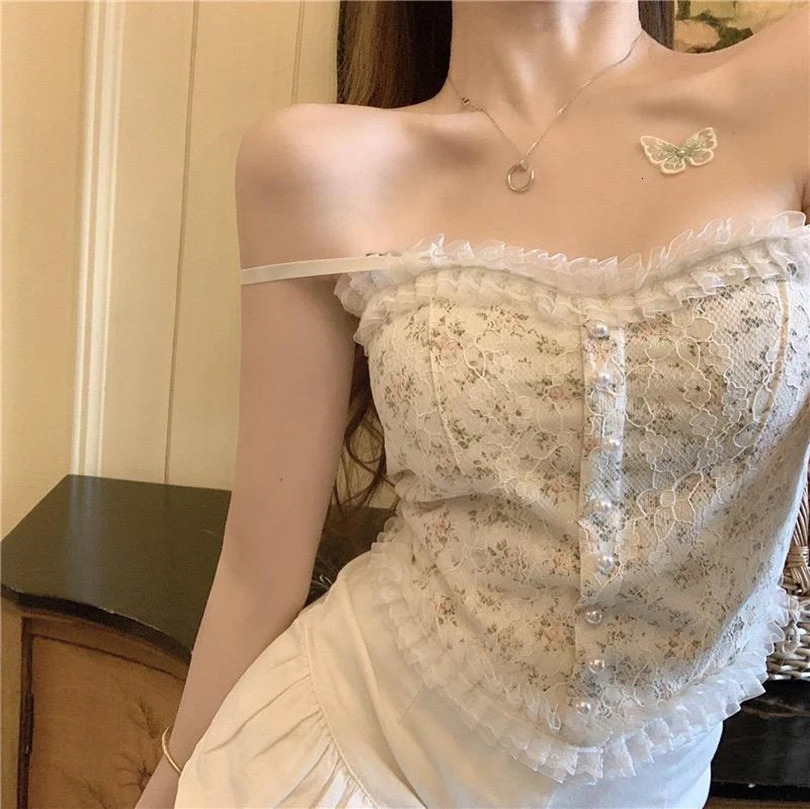 1 piece of womens vest summer French lace ruffled stainless steel ring with chest cushion girls bottom shirt 250506