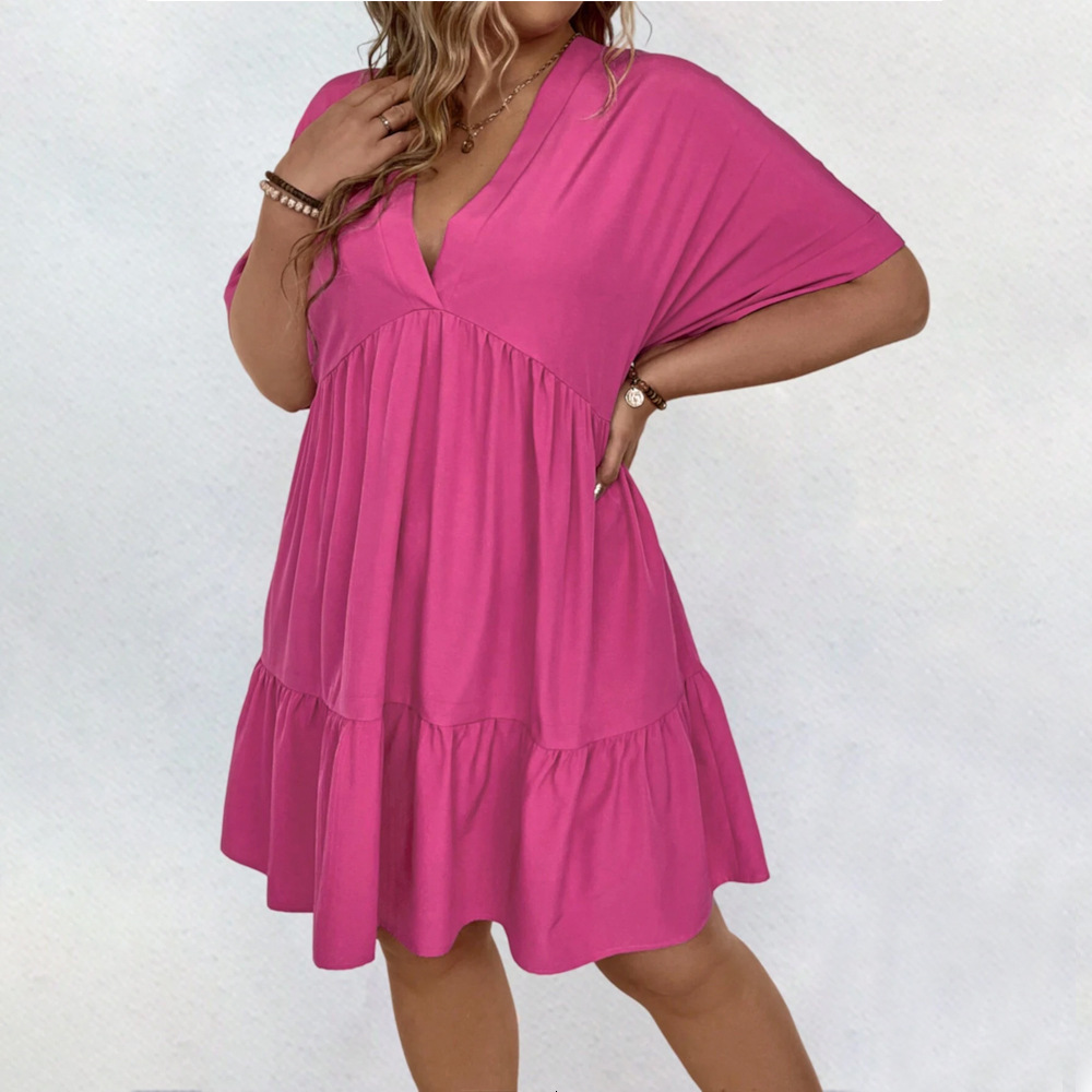 Sweet and Fresh Niche Mid Length Dress Spring New Item Solid Color V-neck Slimming Short Sleeved Dress