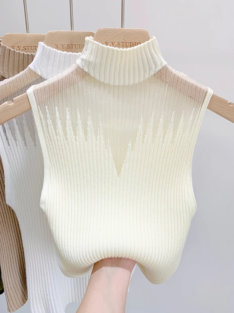 Mesh Knitted Top Women Y2K Tank Half Neck Vest Female Sleeveless Sweater Chic Cut Out Streetwear Solid Skinny Tube 250506
