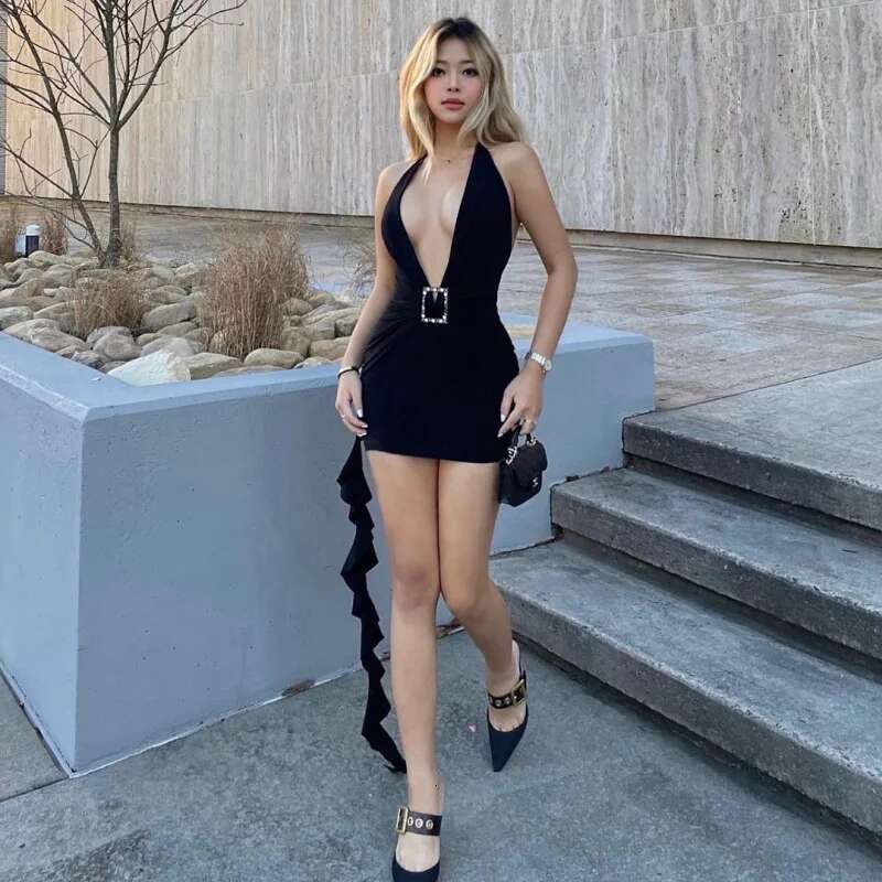 Nibber Women's 2023 Summer Solid Mini Dresses Asymmetrical Suspenders Pleated Sexy Hot Girls Female Dress Nightclub Streetwear