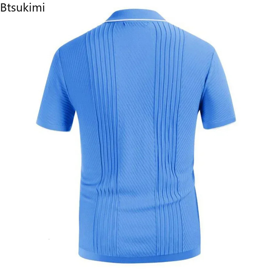 2025 Mens Summer Short Sleeve Polo Shirts Knitted Lapel Cardigan Top Stripe Stitching Men Polo Tee Shirt Fashion Camisa Hombre 250515