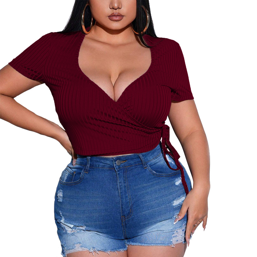 Spring/summer New Large Womens Sexy V-neck Slimming T-shirt Short Sleeve Knitted Solid Color Top