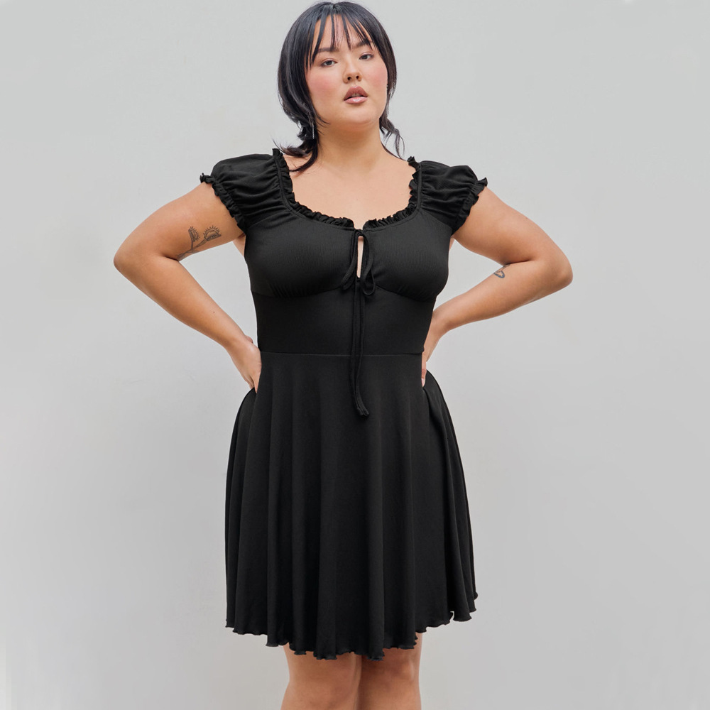 Plus Size Womens Dress with Waist Cinching and Slimming Cover Sleeves A-line Skirt Short Skirt Dress