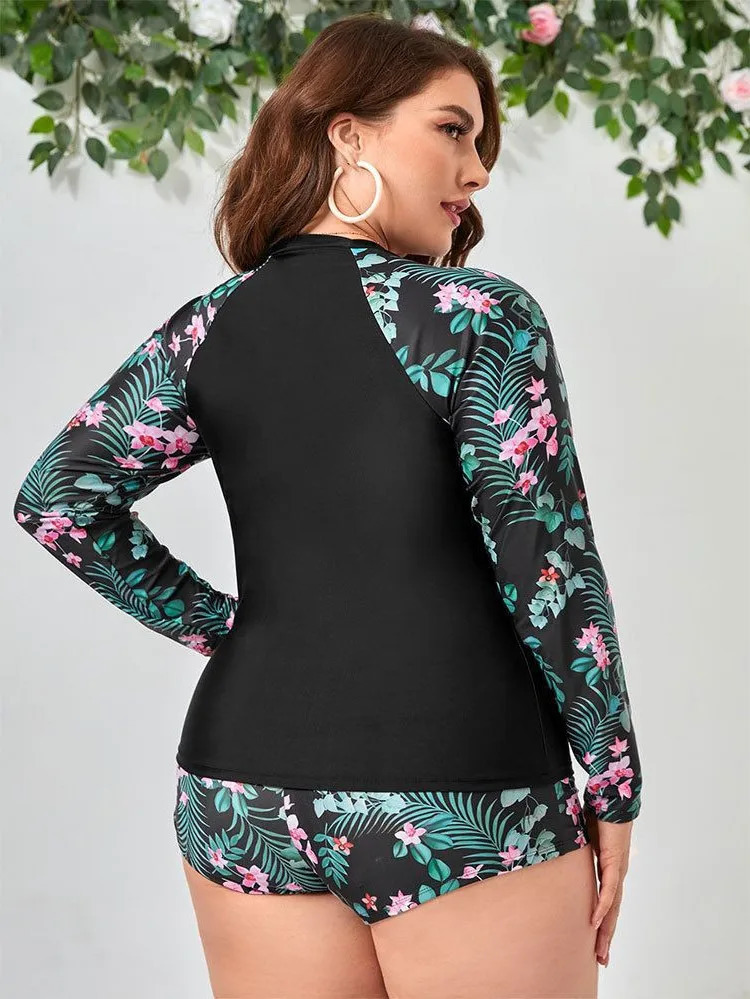 Plus Size Swimwear Women Printed Long Sleeve Swimsuit Two Piece Sport Surfsuit Sun Protection Beachwear Summer Tankini 250515