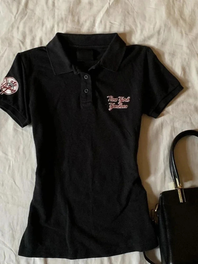 Y2K Black Vintage Women T Shirts Harajuku Letter Print Short Sleeve Tops American Summer Slim Gyaru Lapel Tees 250515