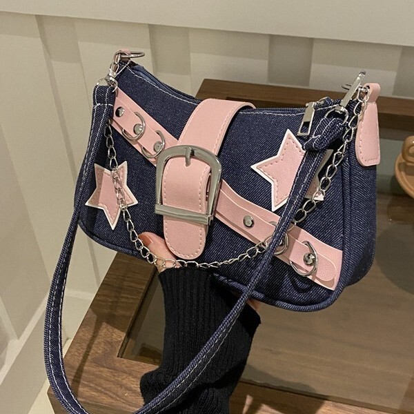Free Delivery Designer S Bag Korean Edition Underarm For Women In Spring Stylish Contrasting Color Single Shoulder Casual And Personalized Chain Denim