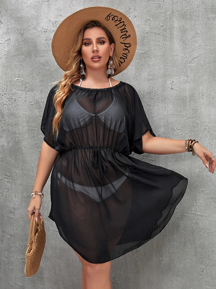 Plus Size Loose Beachwear Cover Up Beach Holiday Swimsuit Round Neck Strapless Loose Pullover Dress Sunscreen Cover Up Beachwear 250515