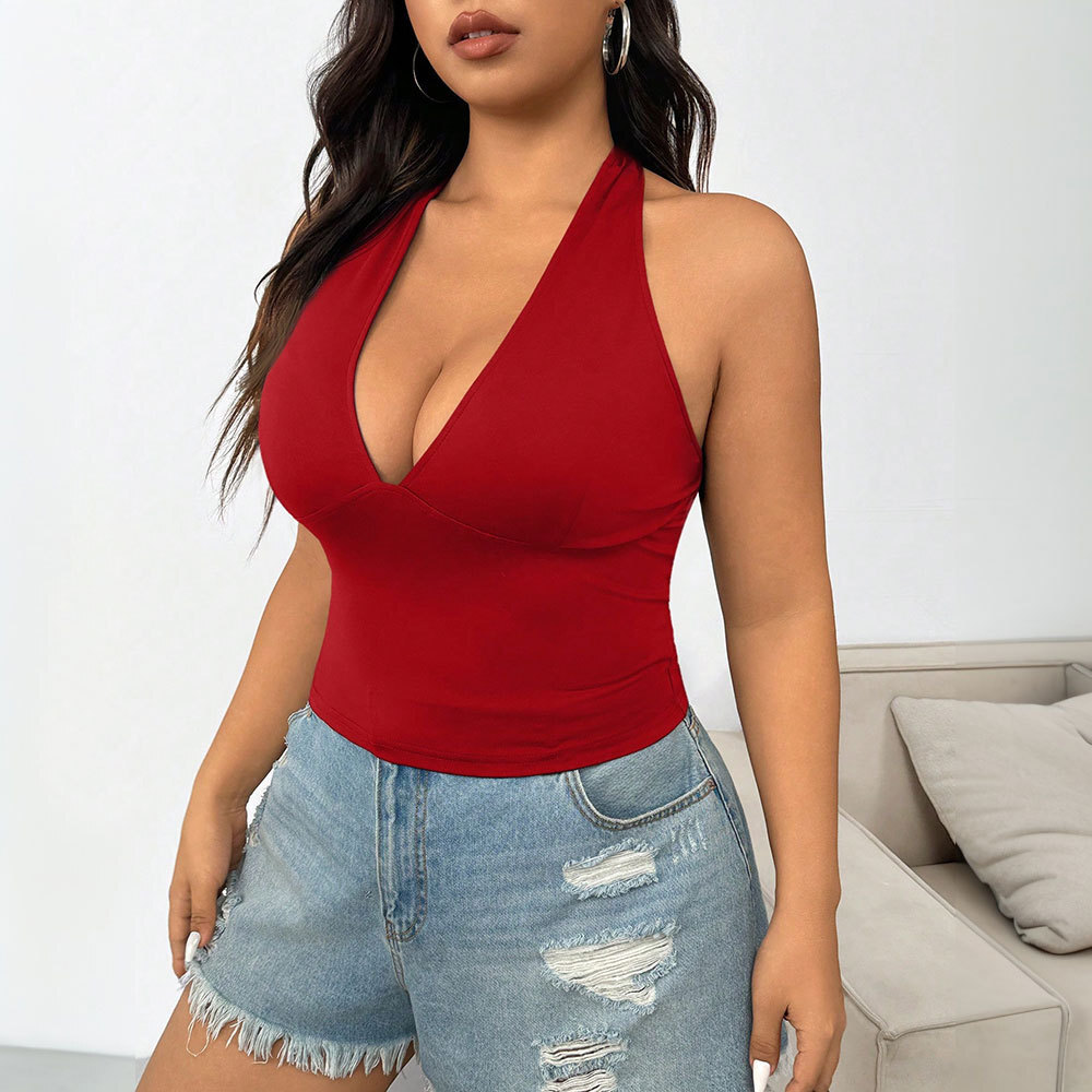 Large Size Womens Clothing 2025 Spring/summer New Style Sexy Wine Red Vest Short Style Backless Hanging Neck Top