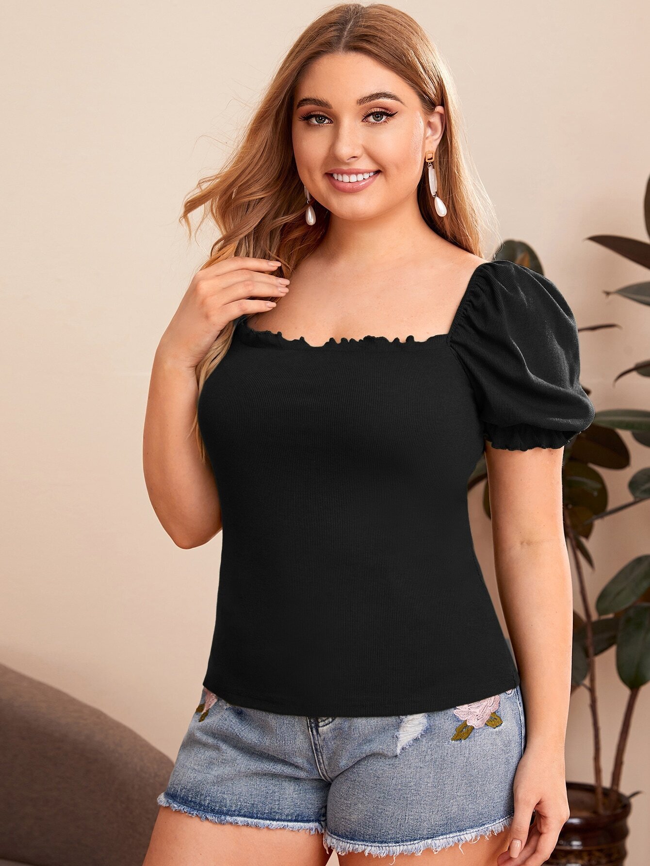 Plus Size Womens Elegant Style Bubble Sleeve T-shirt Summer New Square Neck Solid Color Short Top