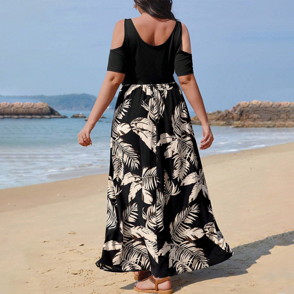Large Womens French Design Feeling Off the Shoulder Beach Vacation Style Fragmented Flower V-neck Dress for Women