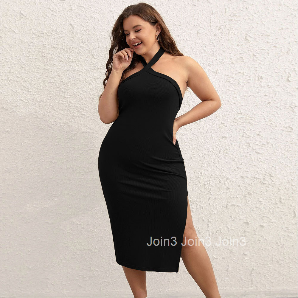 Plus Size Womens New Sexy Backless Slit Bag Hip Skirt Hanging Neck Knitted Fashionable Temperament Dress