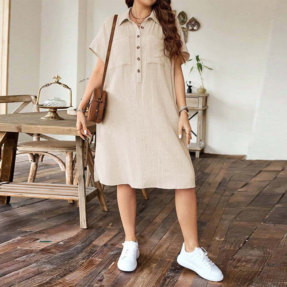Summer New Large Womens Loose Casual Shirt Skirt with Collar and Short Sleeve Solid Color Dress