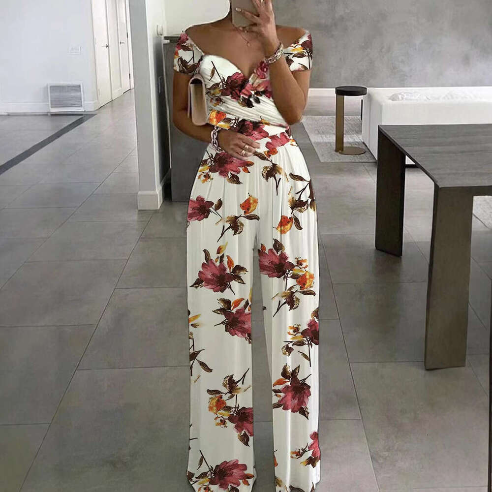 Wide Leg Jumpsuit Women S Fashion One Shoulder Printed Temperament Commuter Casual High Waist Jumpsuit For Women