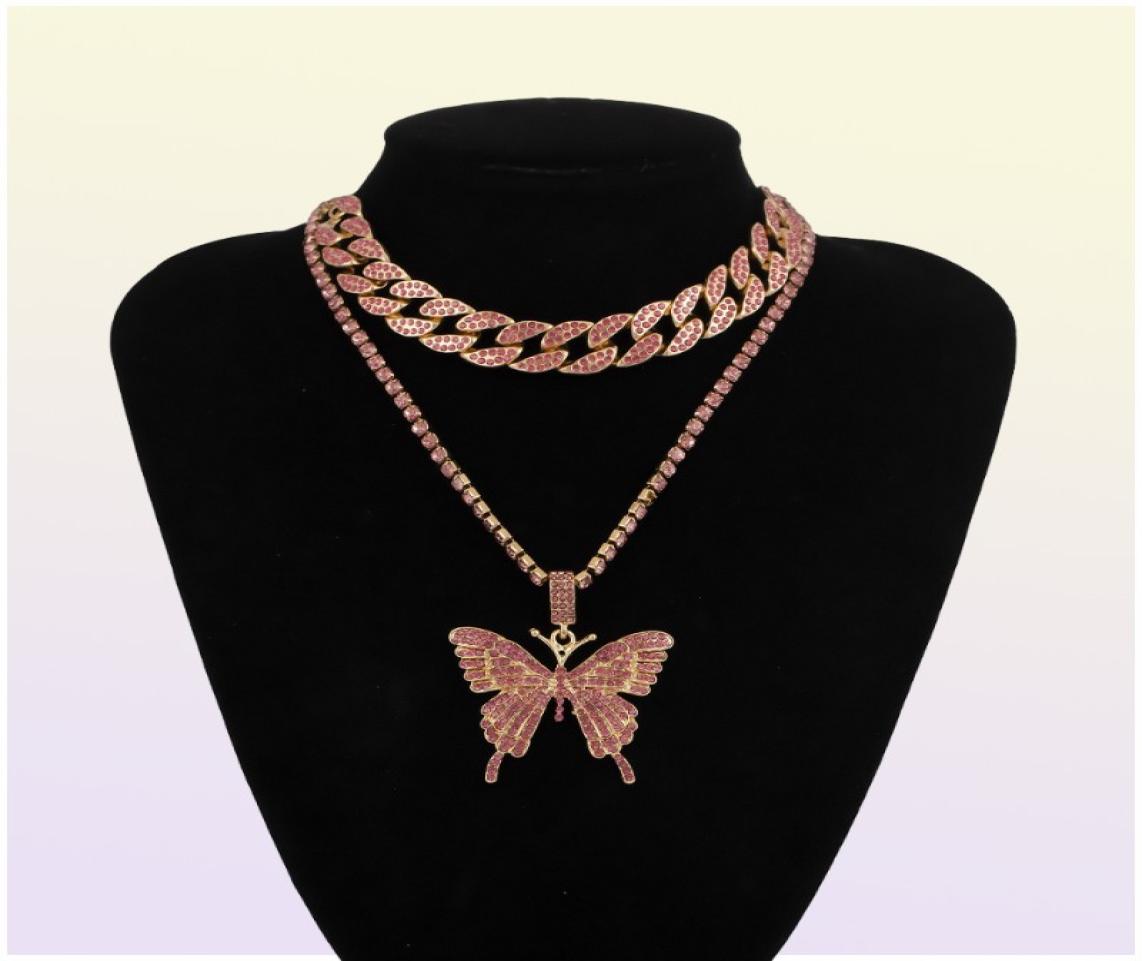Cuban Chain Big 3d Butterfly fashion designer luxury diamonds statement pendant choker necklace for woman girls hip hop jewelry6084406