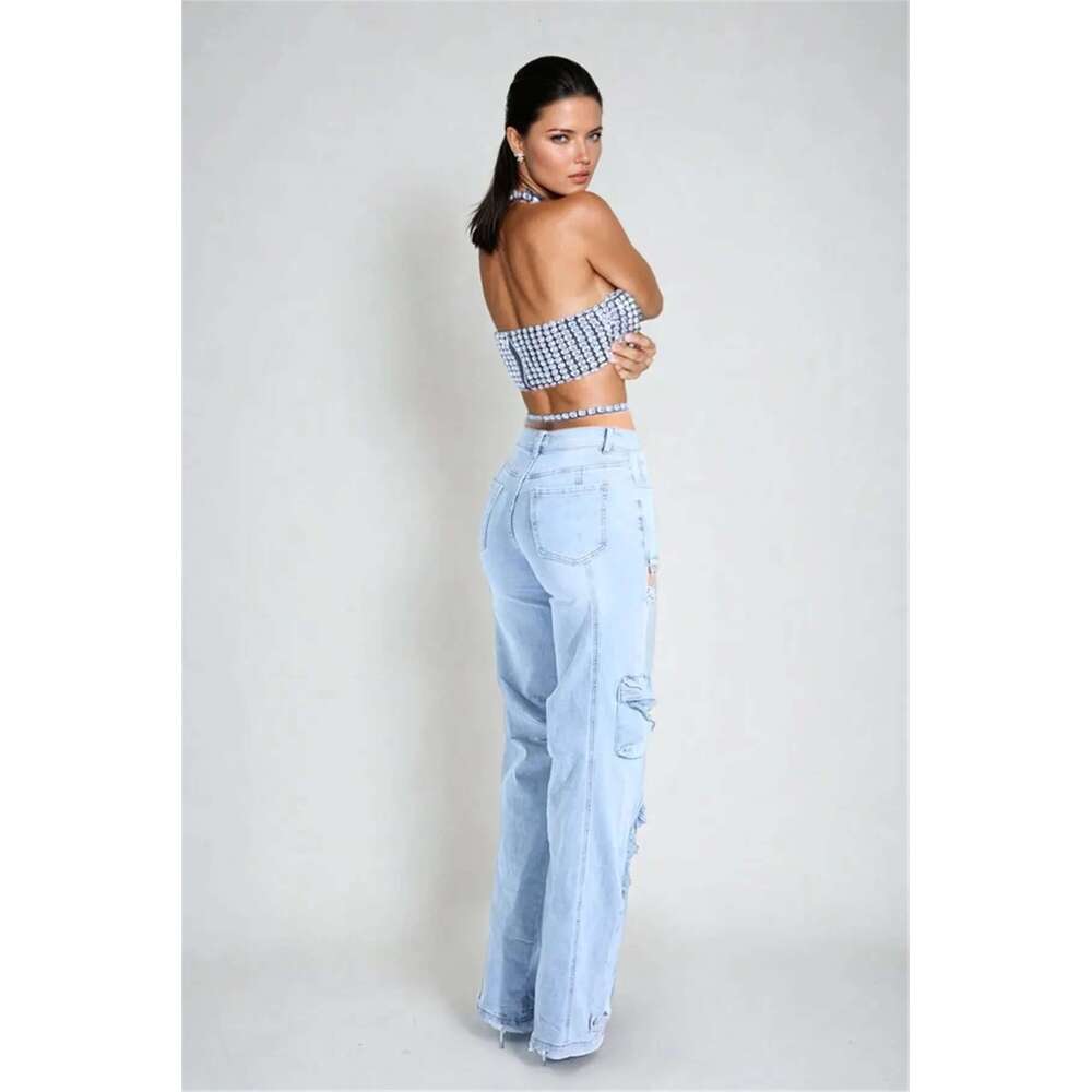 women's tassel dia cut mid waist straight leg jeans hollowed out style multi pocket elastic pants