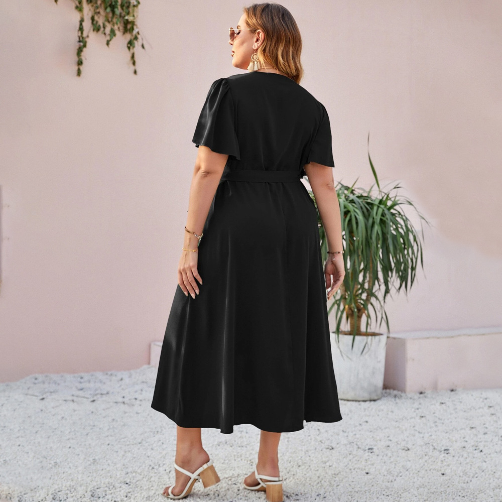 New Design with a Slim Fit Over the Knee Long Skirt Elegant Temperament Slit and Tie Short Sleeved Slim Fit Dress