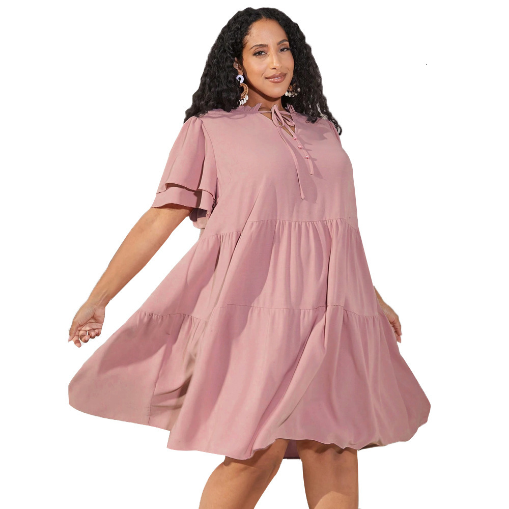 New Womens Summer Casual V-neck Doll Dress with Triple Fold