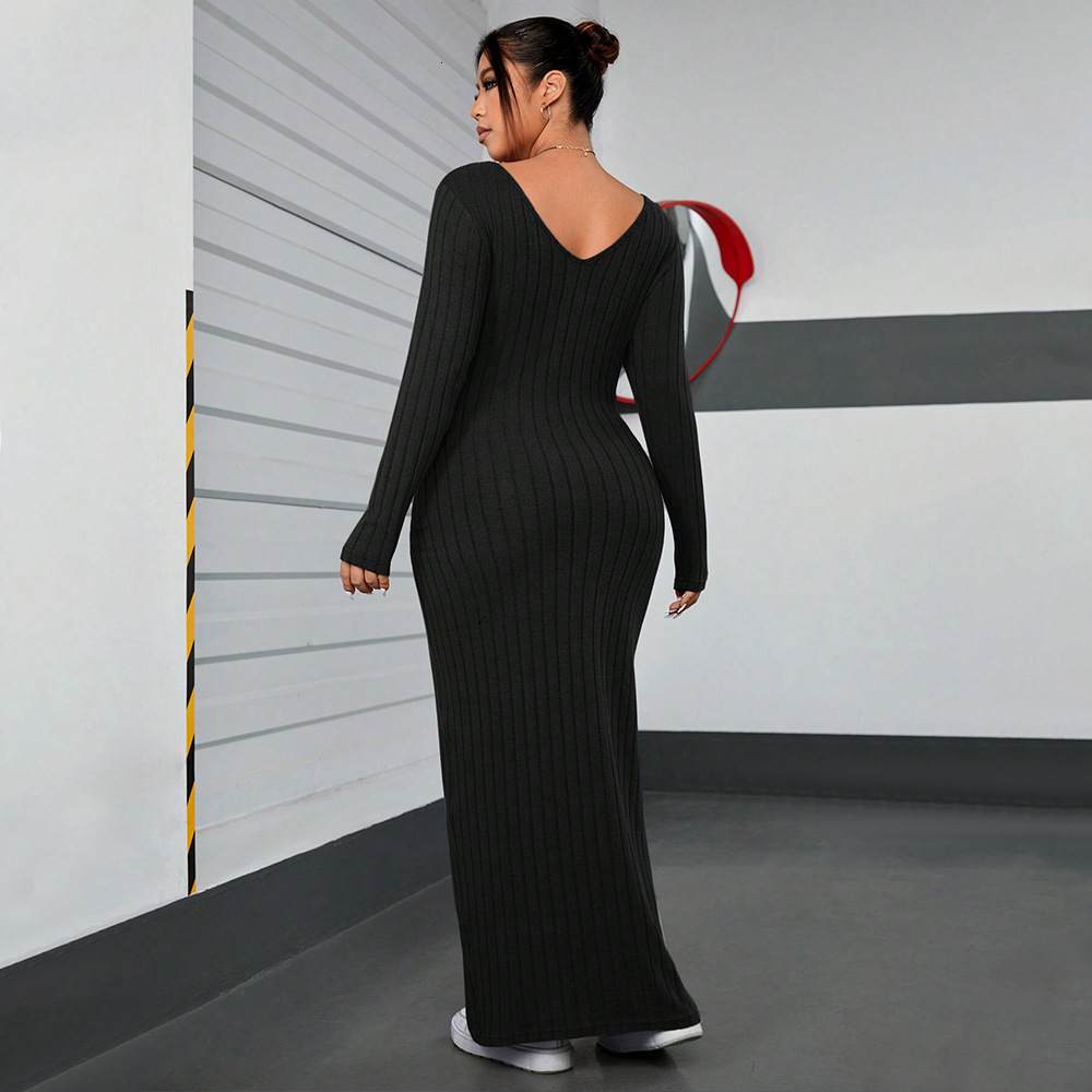 Plus Size Womens Long Sleeved Dress Autumn and Winter Minimalist Style Slim Fit Hip Hugging Long Skirt for Women